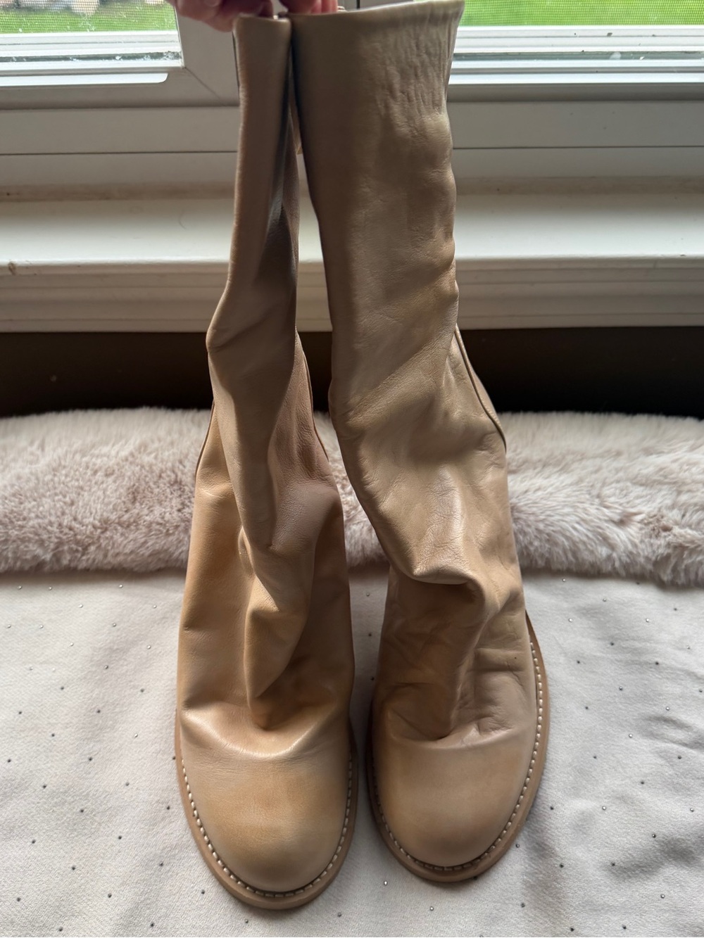 Women’s Beige Slouch Leather Mid-Calf Boots